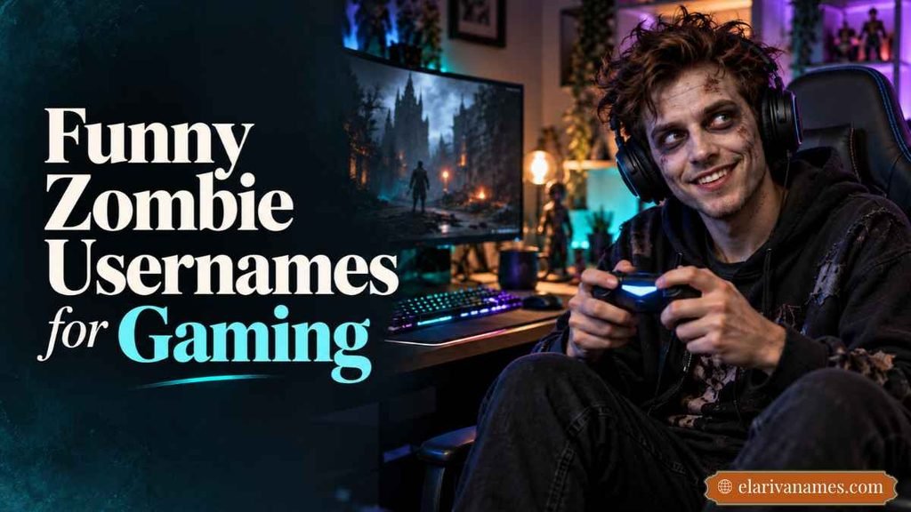 Zombie Names for gaming beside a playful costumed gamer wearing headphones.