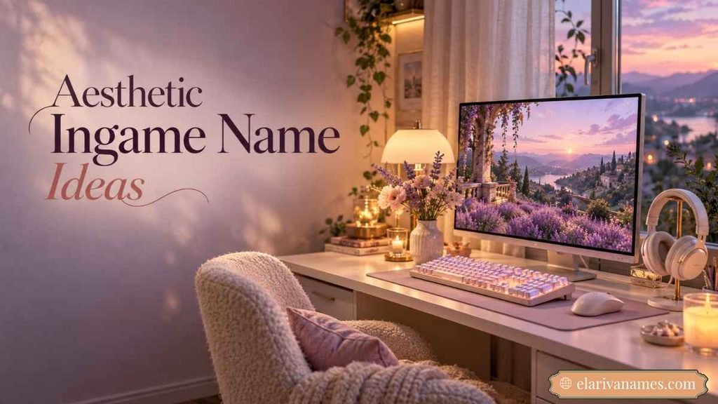 Ingame Name Ideas featured in a soft lavender and pink gaming room.