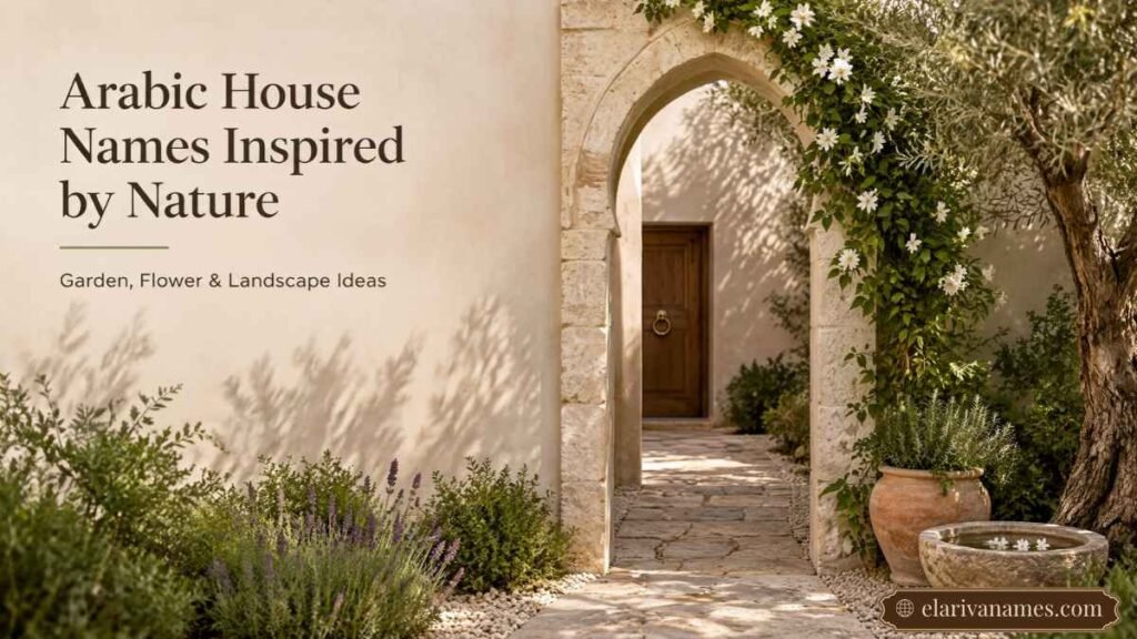 Arabic House Names inspired by nature, pictured beside a peaceful courtyard garden with jasmine and olive trees.