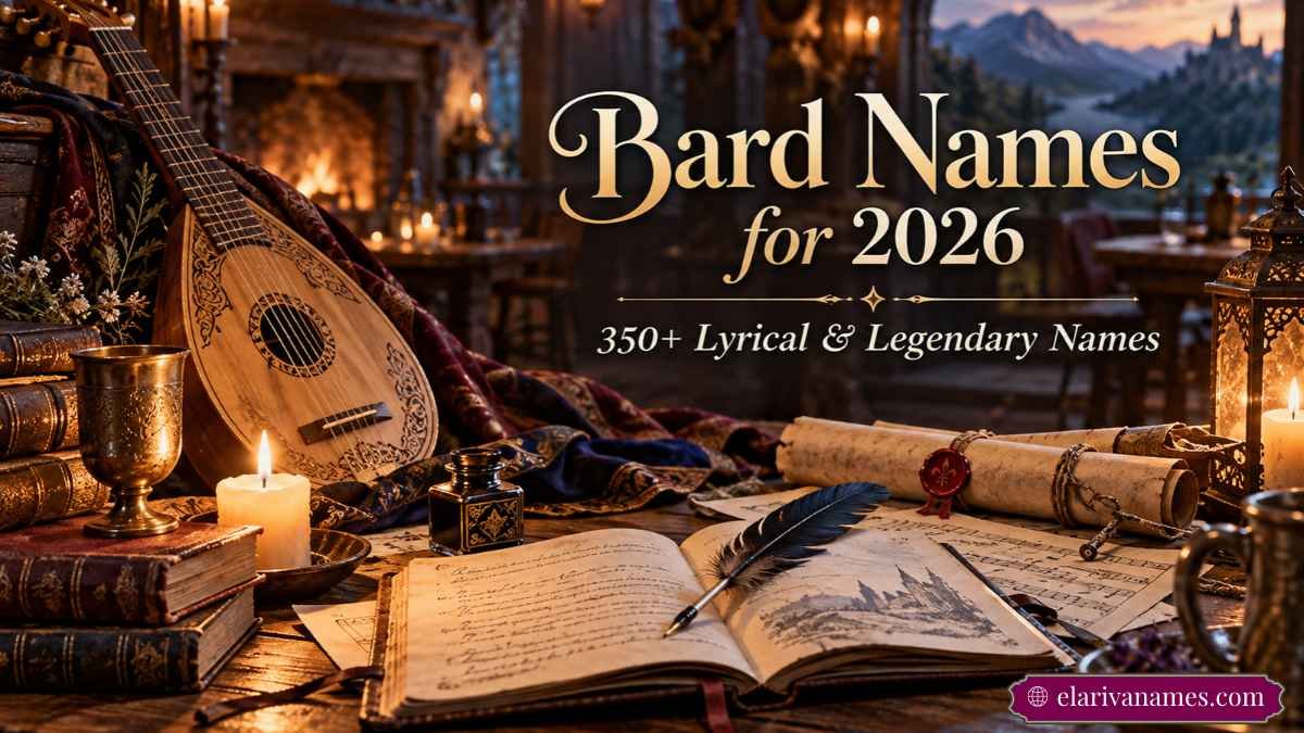 Dark and Mysterious Bard Names above a raven, lute, and candlelit manuscripts.