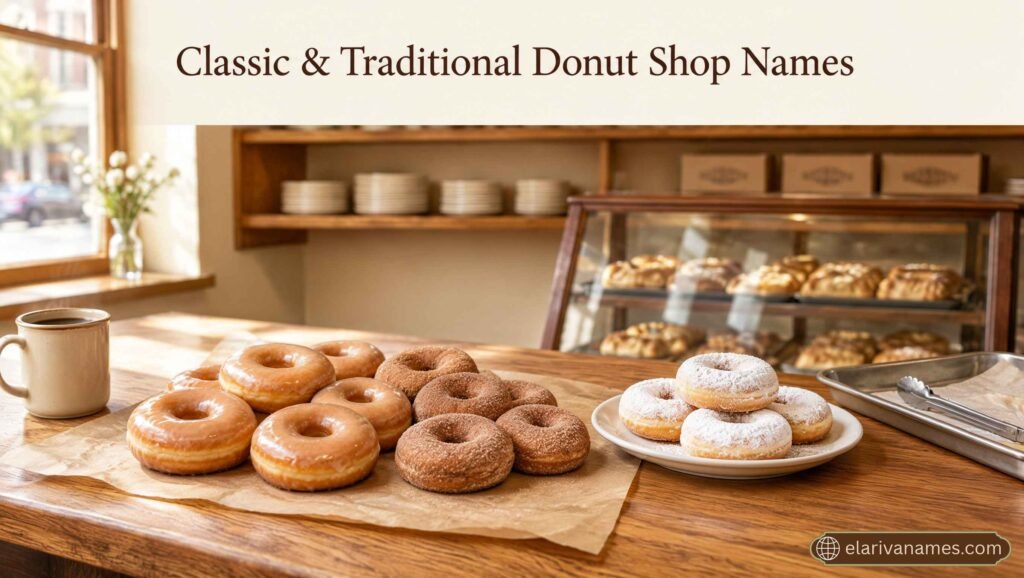 Golden glazed donuts inspire classic and traditional Donut Shop Names.
