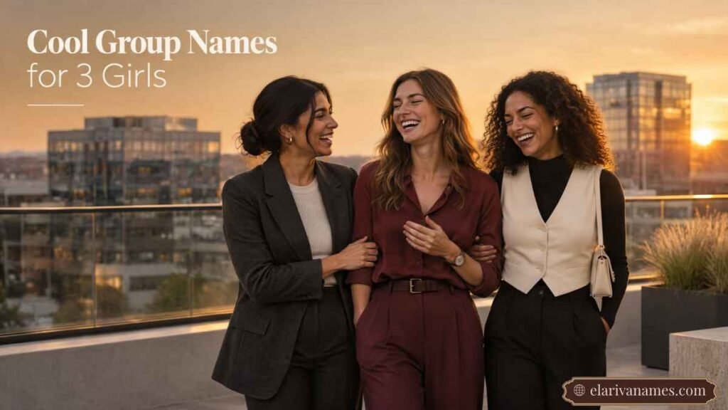 Three stylish friends on a rooftop representing cool group names for 3 girls.