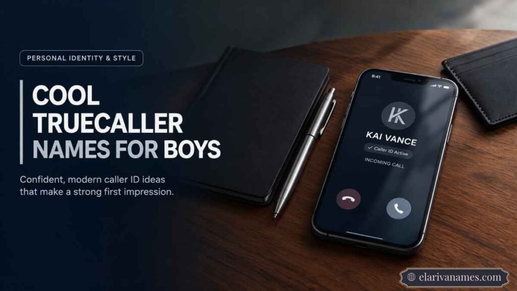 Truecaller Names beside a graphite smartphone and notebook on a dark wooden desk.
