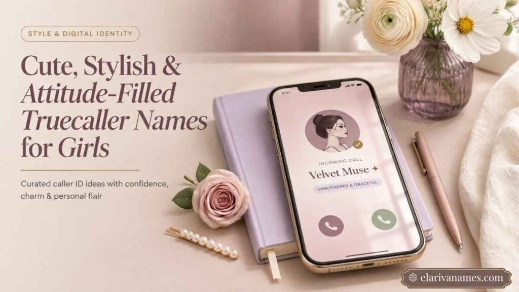 Truecaller Names beside a blush-pink smartphone, pearls, and delicate white flowers.