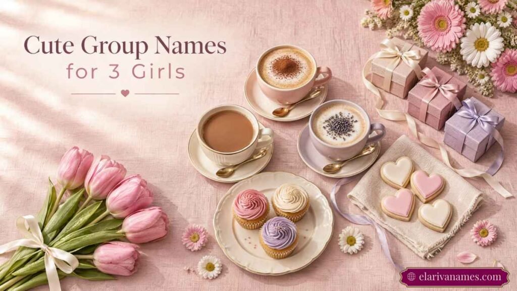 Pastel cupcakes, daisies, and gifts illustrating cute group names for 3 girls.