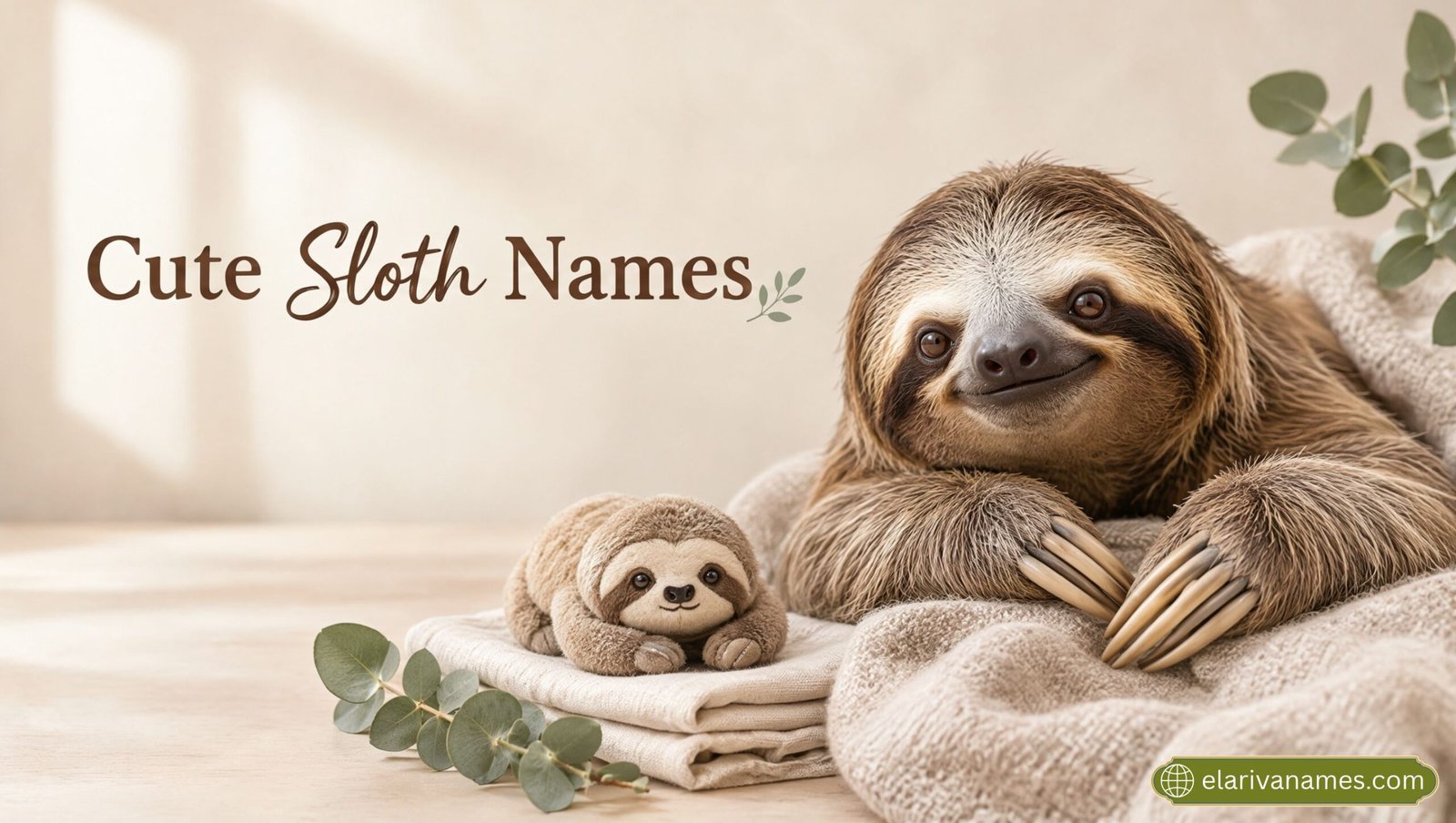 Sweet sloth resting beside a soft plush toy for Cute Sloth Names inspiration.