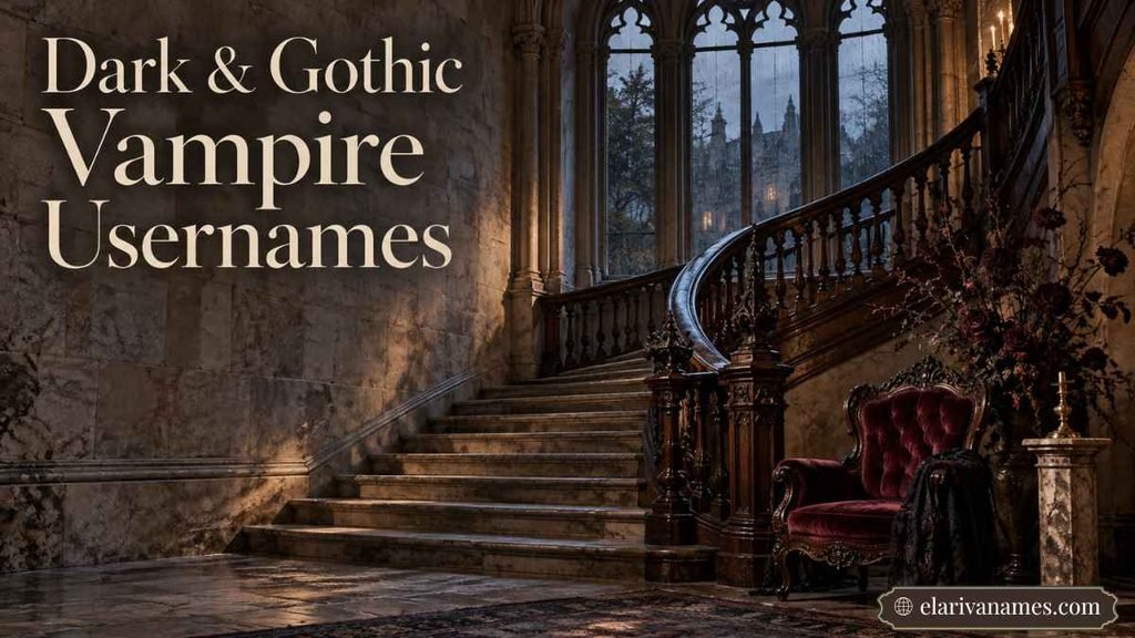 Dark & Gothic Vampire Usernames heading above a velvet-draped Victorian staircase.