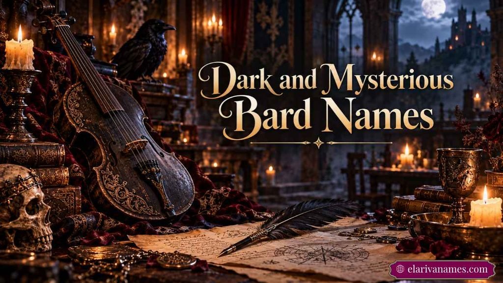 Dark and Mysterious Bard Names above a raven, lute, and candlelit manuscripts.