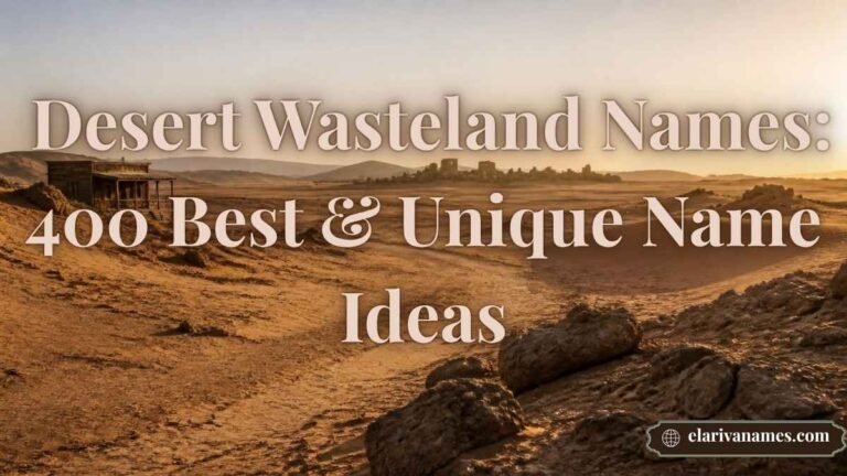 Desert Wasteland Names featuring a vast desert landscape with dunes, cracked earth, and a distant abandoned settlement.