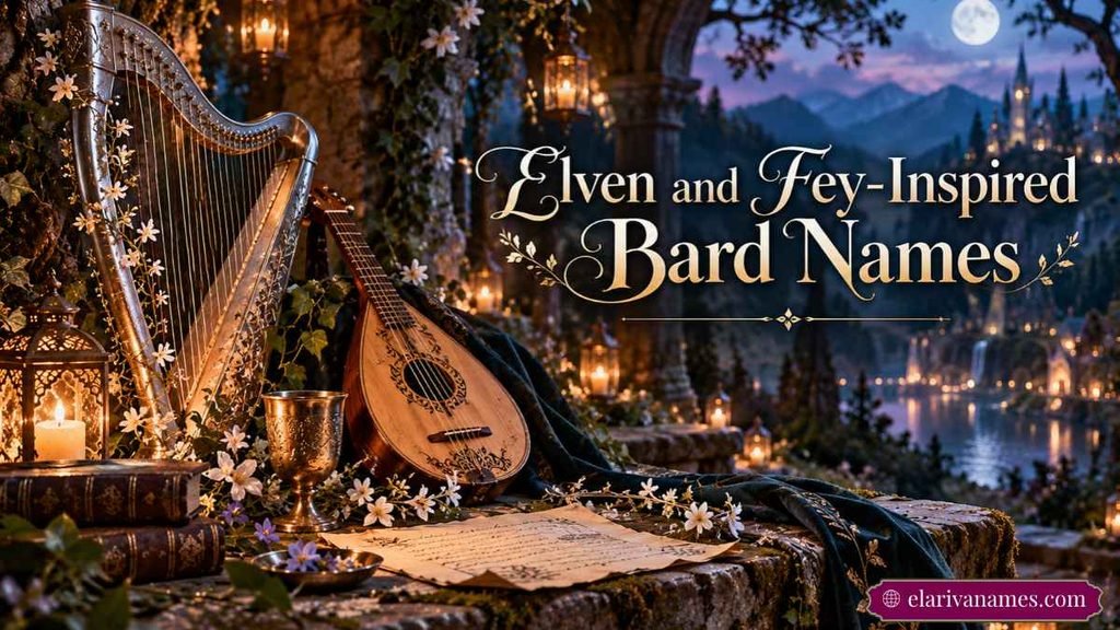 Elven and fey-inspired Bard Names over a moonlit harp and castle.