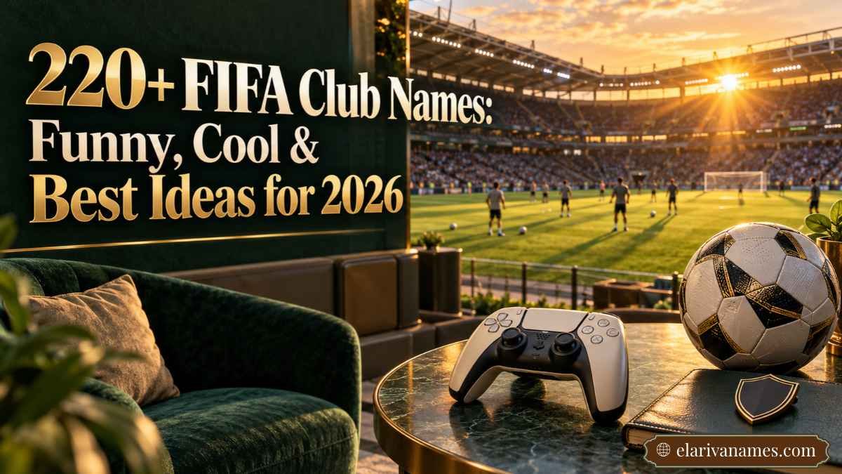 FIFA Club Names showcased beside a gaming controller and golden-hour football stadium.