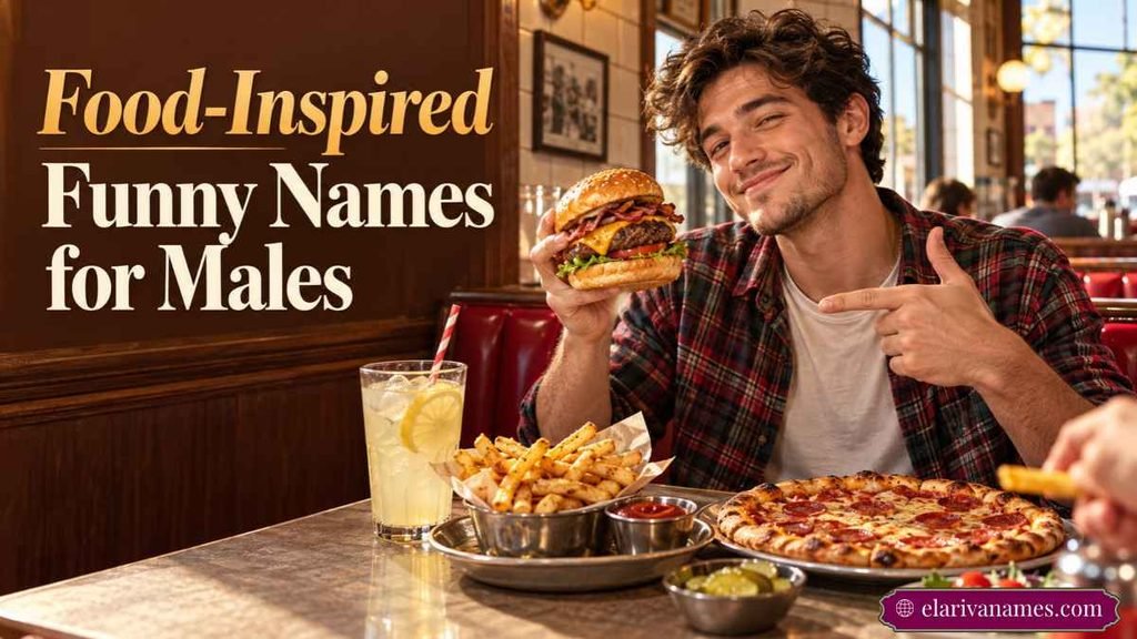 Food-inspired Funny Male Names illustrated by a smiling man at a retro diner.