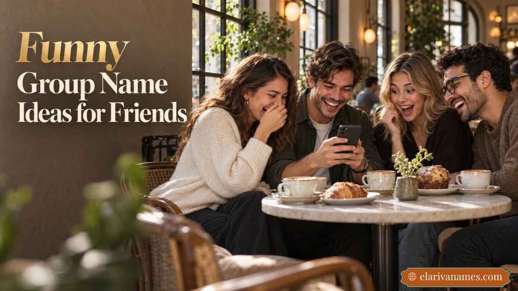 Funny Group Name Ideas for Friends above four best friends laughing at a café.