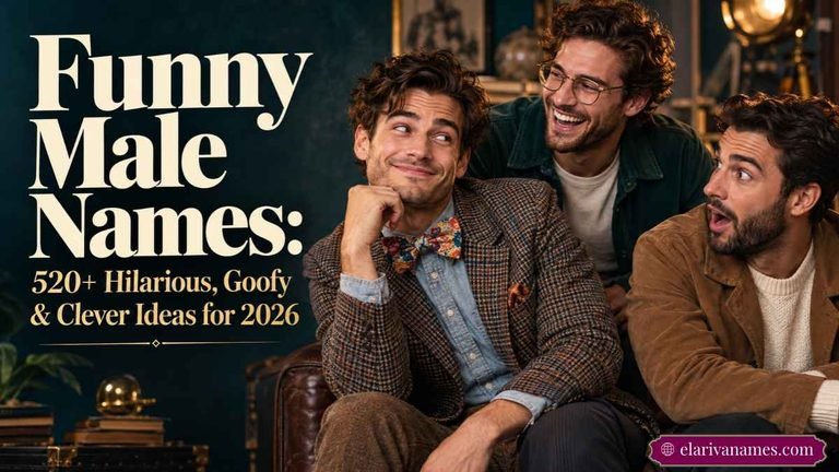 Funny Male Names beside three expressive men laughing in a stylish studio.