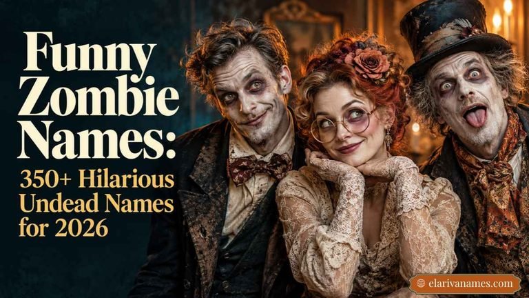 Zombie Names headline above three playful zombie-costumed characters in a portrait studio.