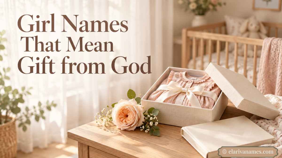 Girl Names That Mean Gift from God heading beside a ribboned baby gift.