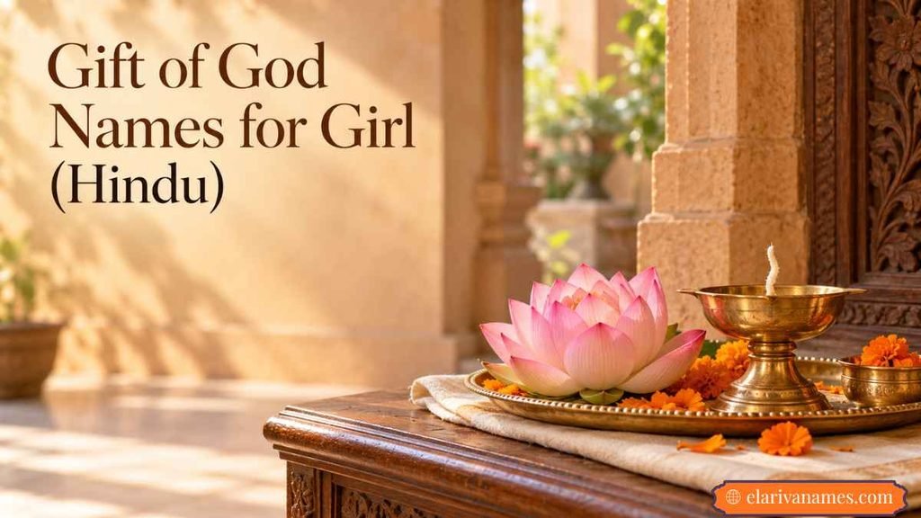 Girl Names That Mean Gift from God evoked by a lotus and diya.