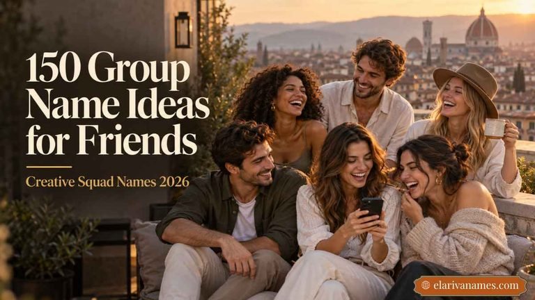 Group Name Ideas for Friends beside six laughing friends on a sunset rooftop.