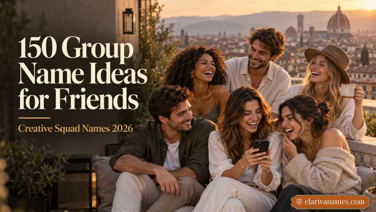 Group Name Ideas for Friends beside six laughing friends on a sunset rooftop.