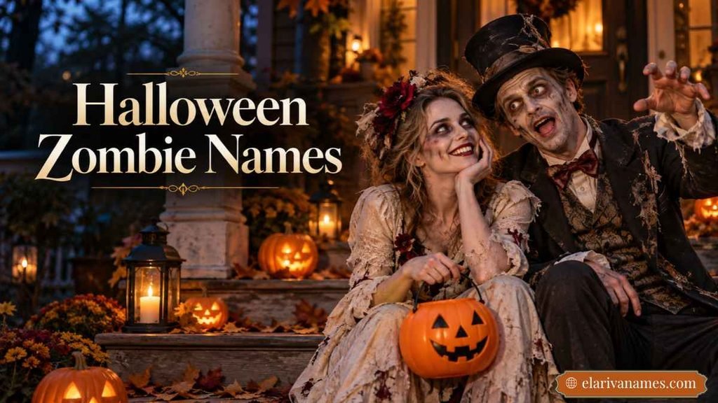 Halloween Zombie Names heading beside playful costumes and glowing jack-o'-lanterns.