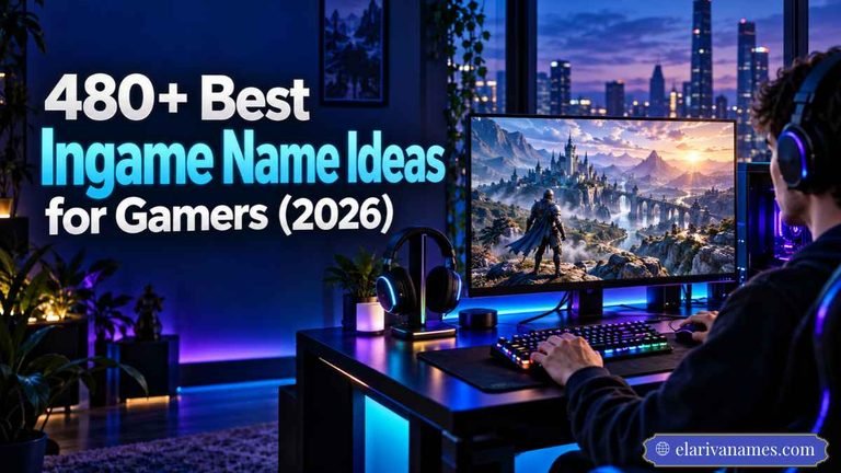 Ingame Name Ideas displayed beside a cinematic blue gaming setup.
