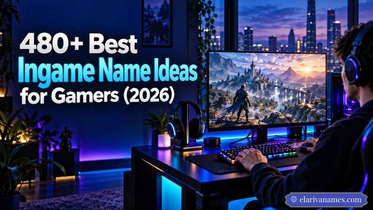 Ingame Name Ideas displayed beside a cinematic blue gaming setup.