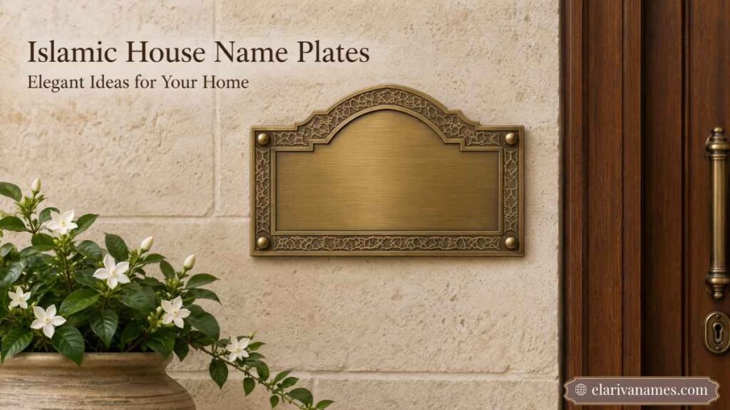 Elegant Arabic House Names inspiration beside a blank brass plate on a traditional home entrance.