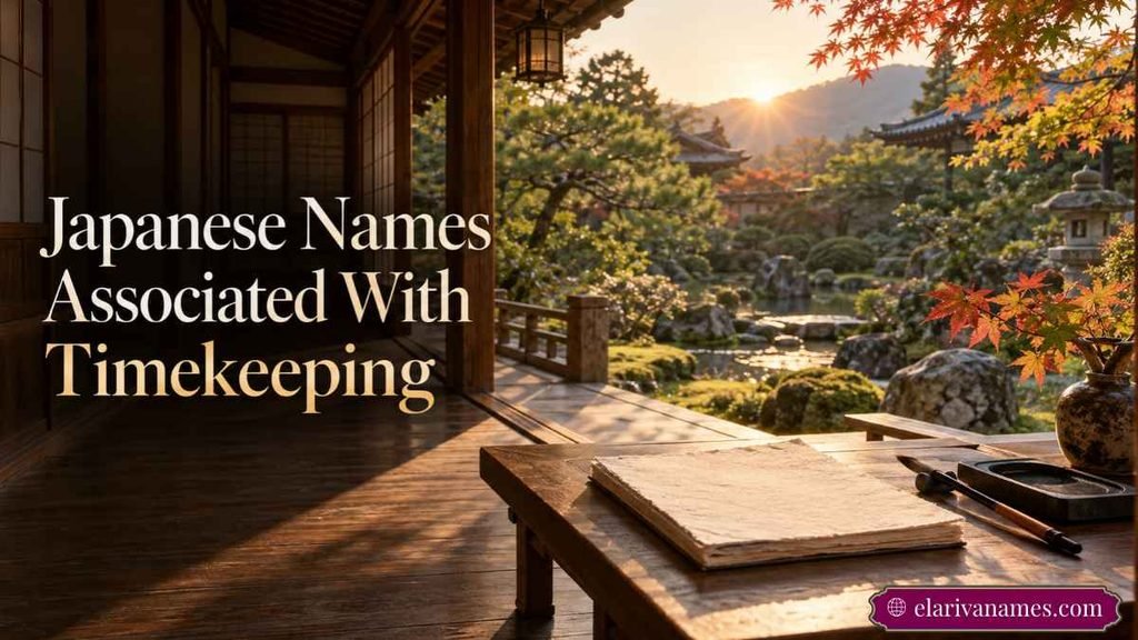 Names That Mean Timekeeper illustrated by a traditional Japanese veranda and garden.