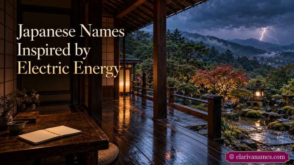 Names That Mean Electric inspired by lightning over a traditional Japanese garden.