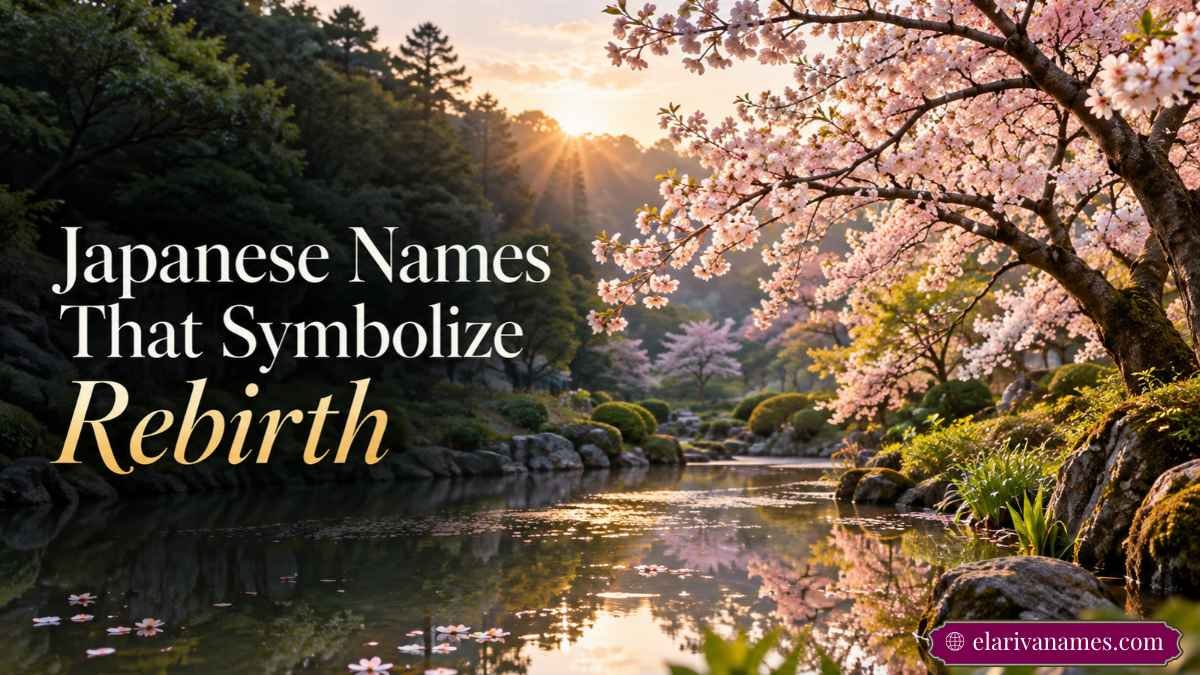 Japanese Names symbolizing rebirth beside blooming cherry blossoms in morning sunlight.