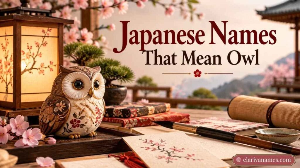 Japanese Names That Mean Owl heading above an owl charm and cherry blossoms.
