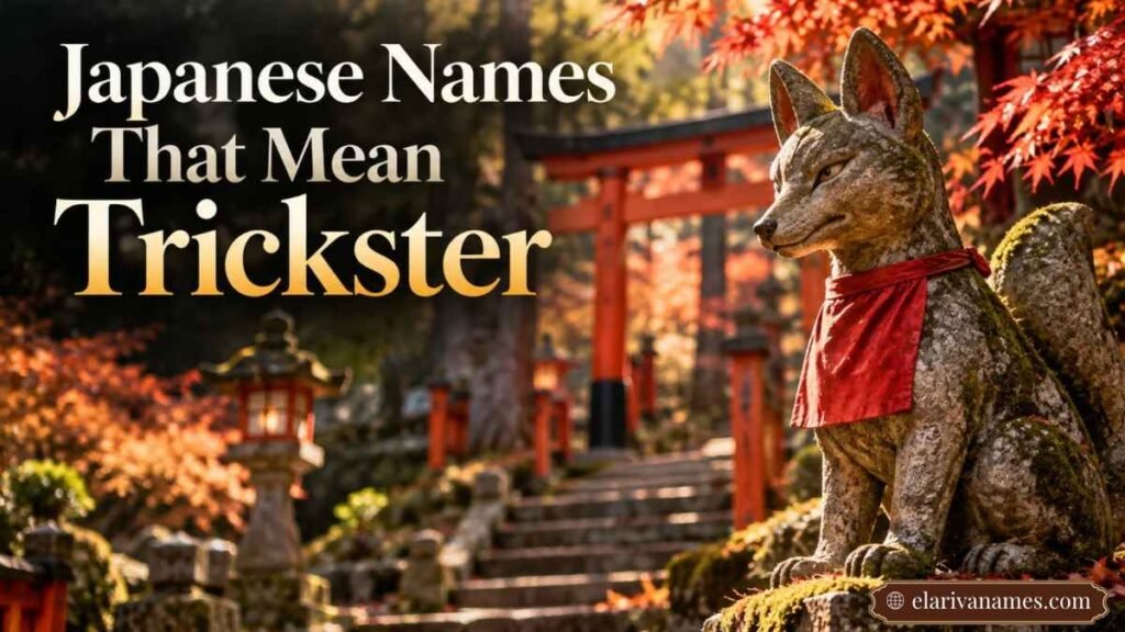 Japanese Names That Mean Trickster heading beside a stone fox shrine statue.