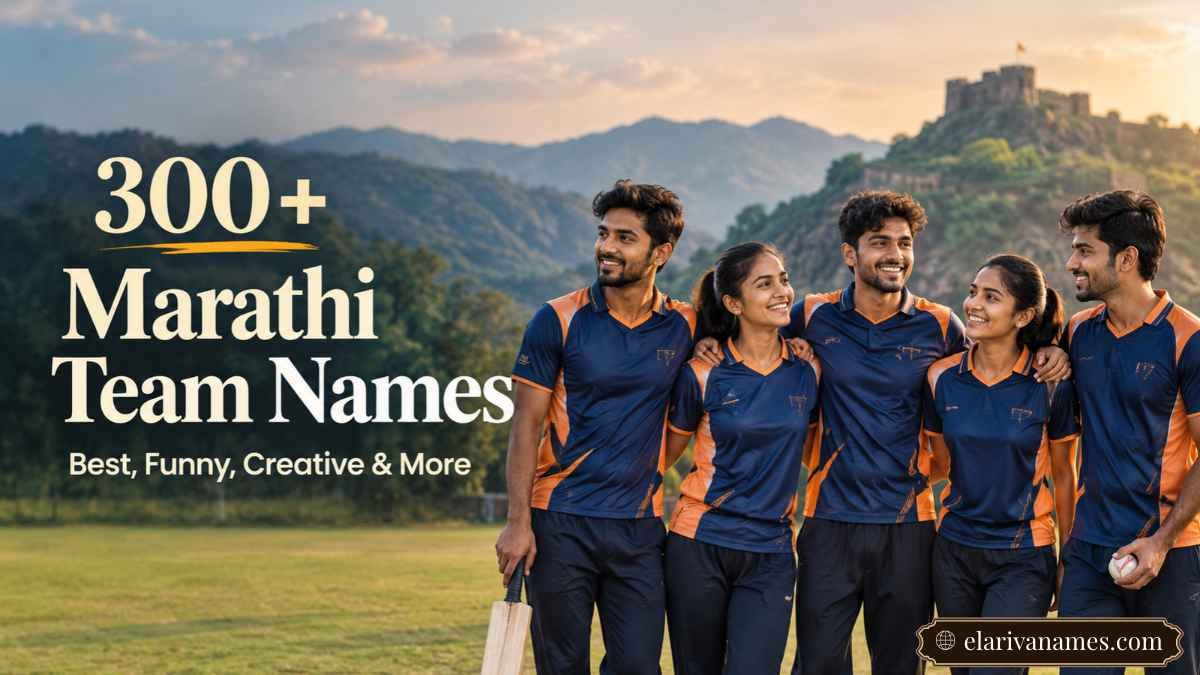 Marathi team names inspired by a cricket team in matching blue and orange jerseys
