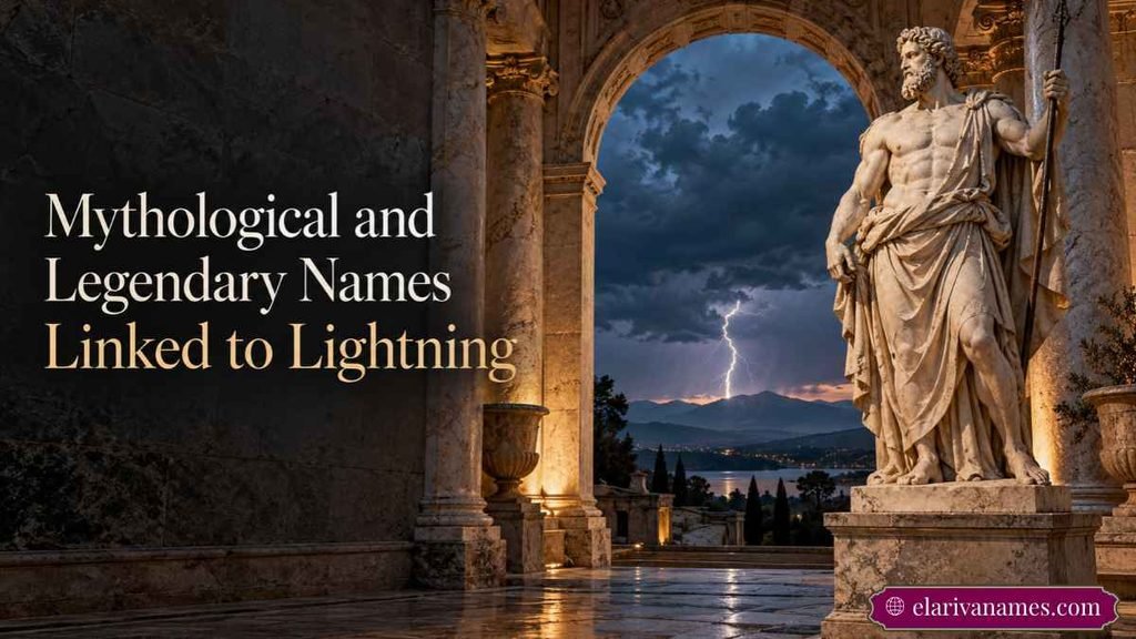 Names That Mean Electric represented by classical sculpture and distant storm lightning.
