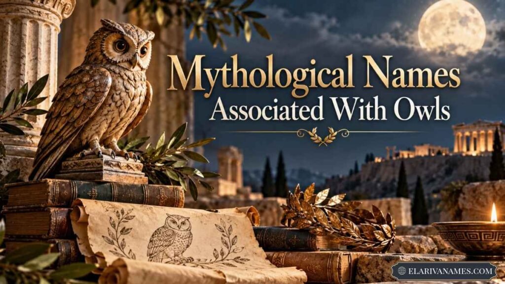 Names That Mean Owl in mythology, featuring an owl statue and ancient scrolls.
