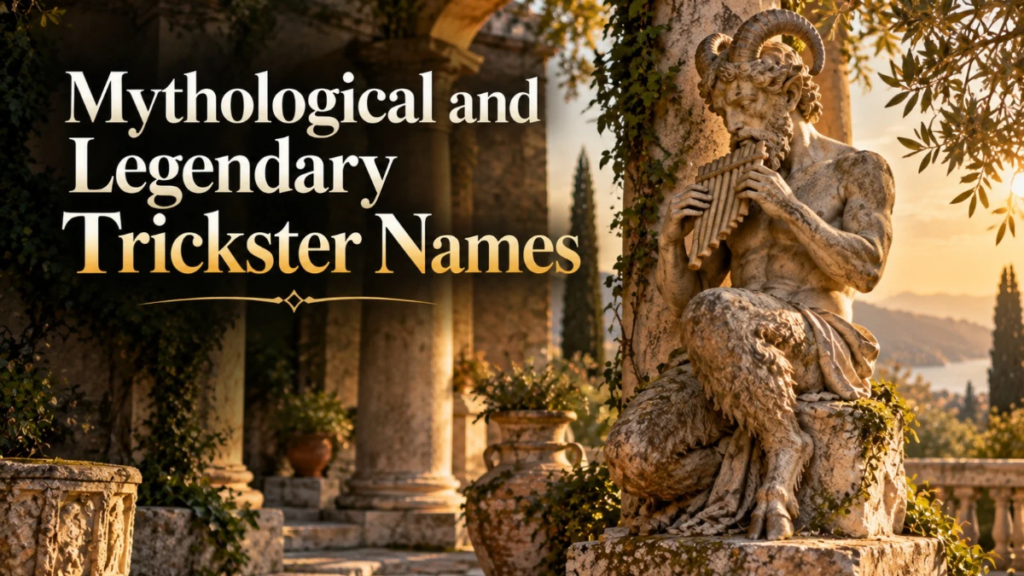 Ancient Pan sculpture and stone columns illustrate Names That Mean Trickster from mythology.
