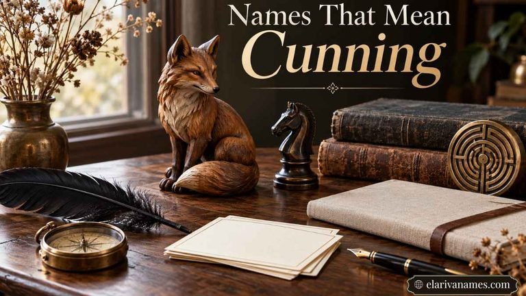 Fox and strategy objects illustrate Names That Mean Cunning across cultures.