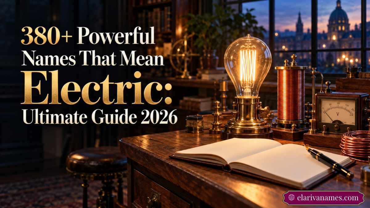 Names That Mean Electric illustrated by a glowing bulb and inventor's desk.