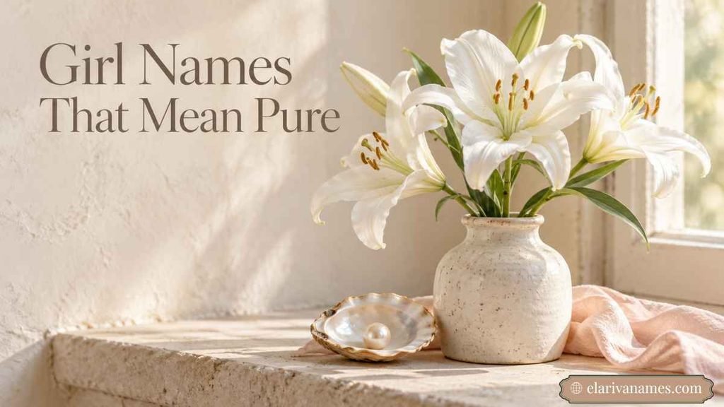 Names That Mean Innocent symbolized by white lilies, pearls, and elegant typography.