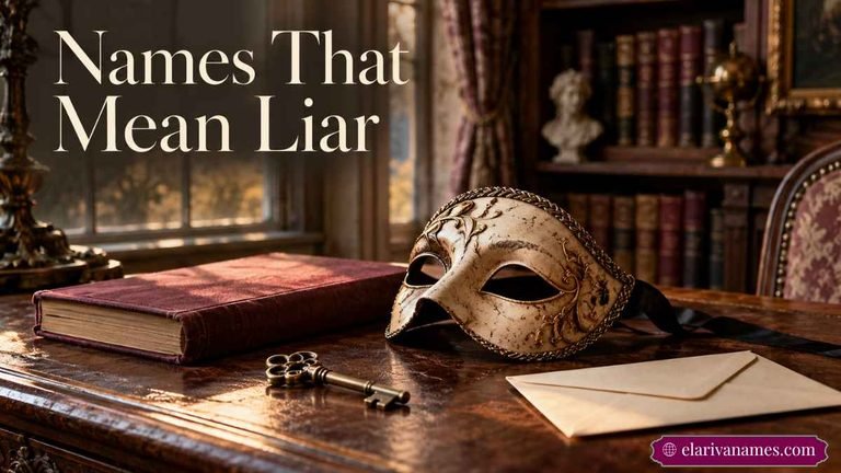Names That Mean Liar heading beside an ivory mask and antique books.