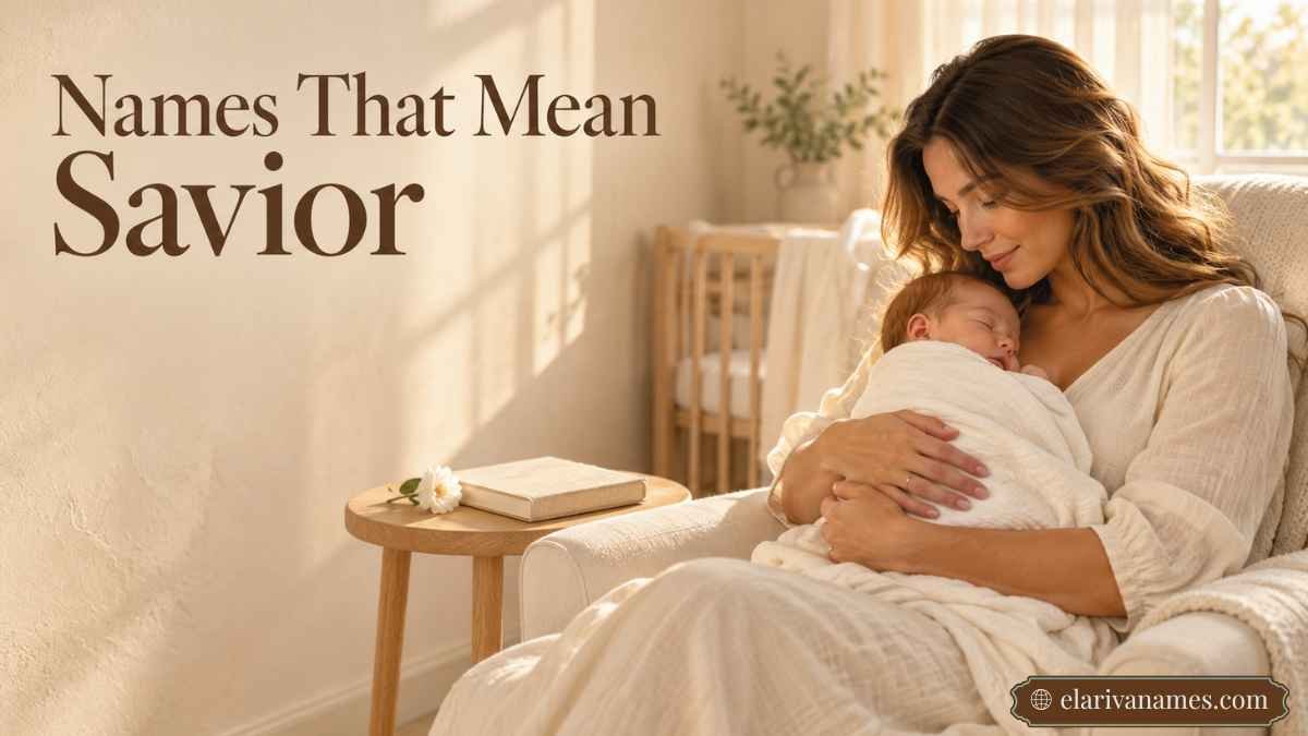 Mother cradling a newborn beneath the heading Names That Mean Savior.