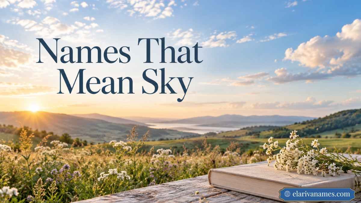 Names That Mean Sky heading over a peaceful sunrise meadow and blue sky.