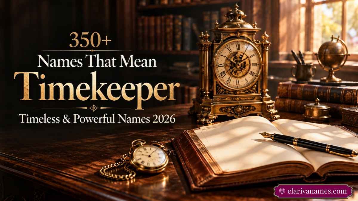 Names That Mean Timekeeper beside an antique clock and naming journal.
