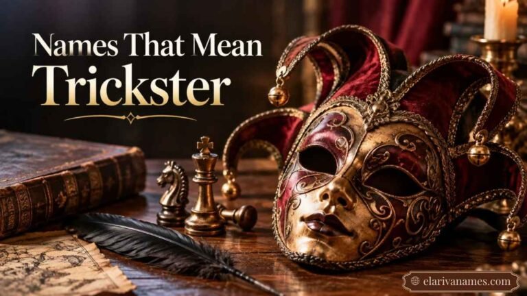Names That Mean Trickster heading above a theatrical mask and chess pieces.