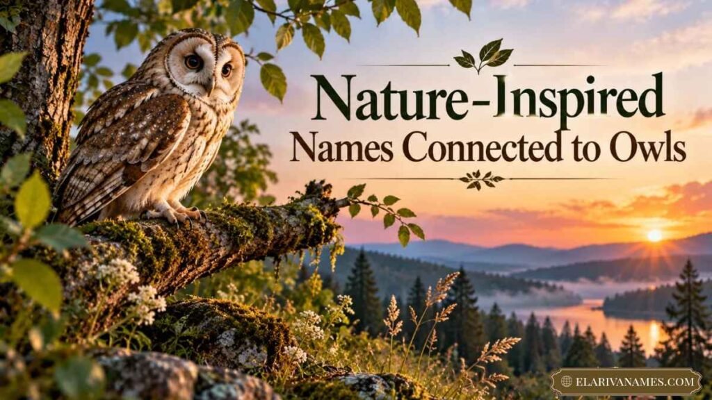 Nature-inspired Names That Mean Owl banner featuring a perched owl at sunset.
