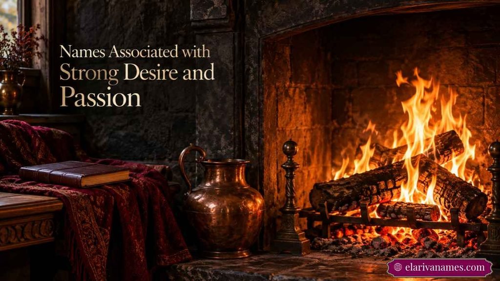 Names That Mean Lust heading beside warm fireplace flames and glowing embers.