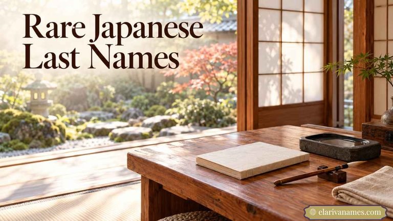 Rare Japanese Last Names heading beside traditional Japanese stationery and garden scenery.