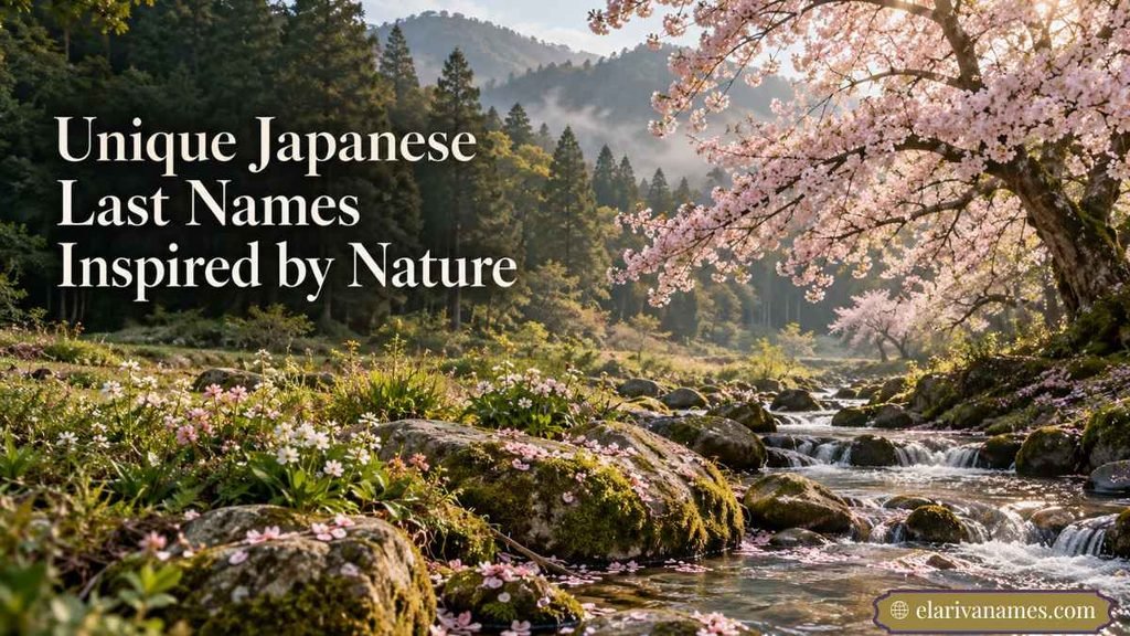 Cherry blossoms and a forest stream illustrating nature-inspired Rare Japanese Last Names.