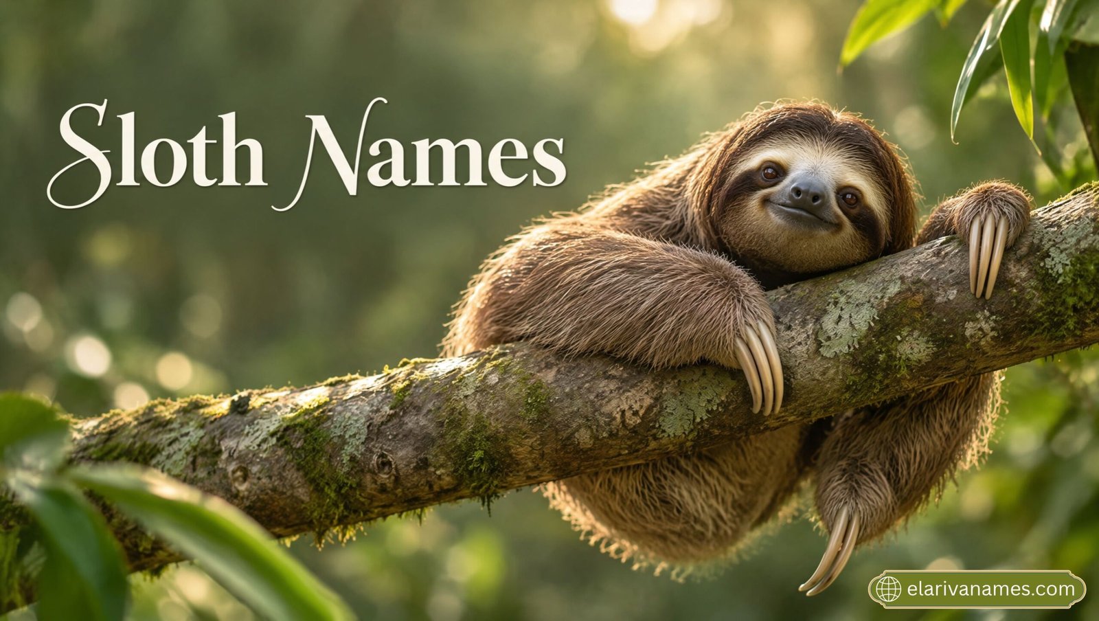 Adorable sloth hanging from a rainforest branch for Sloth Names inspiration.