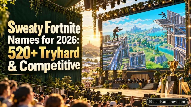 Sweaty Fortnite Names over a sunlit esports arena with building gameplay.